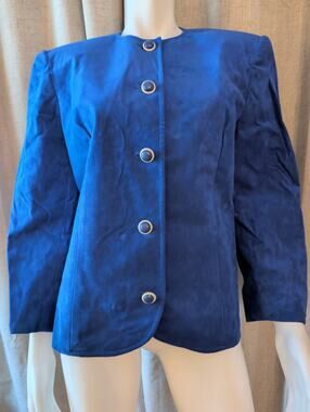 Don Elliot Womens Blue Button Front Lined Short Jacket Long Sleeve 16 Ultrasuede